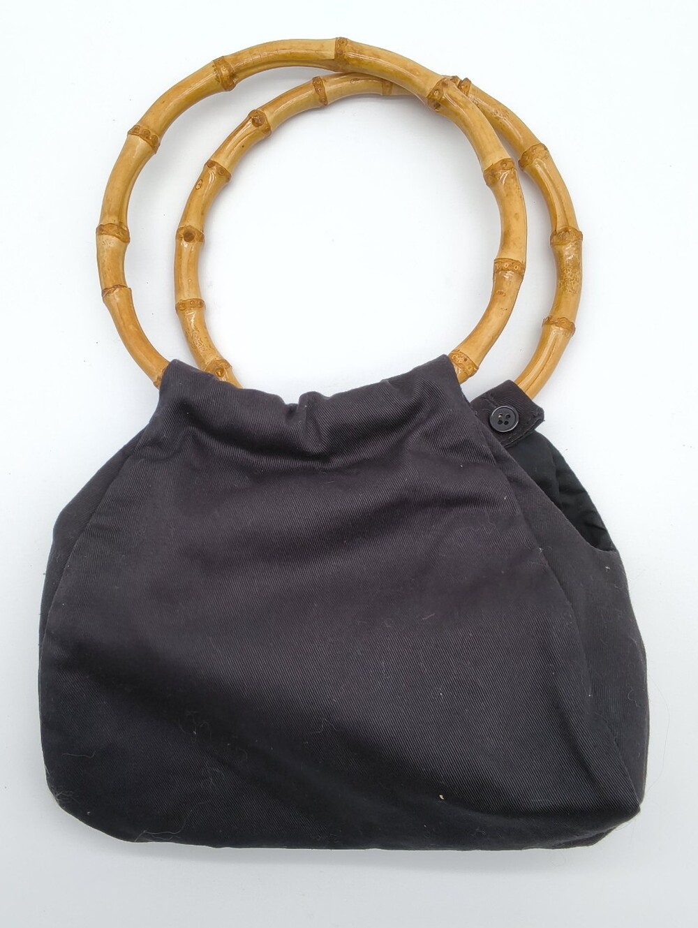Vintage Black Cotton Pouch Handbag w/ Natural Bamboo Handles - Philippines Made